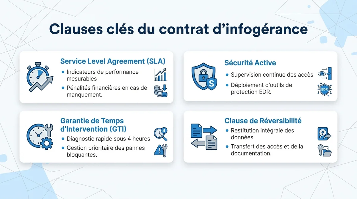 Infographie présentant les 4 clauses contractuelles indispensables pour un contrat d'infogérance informatique PME.