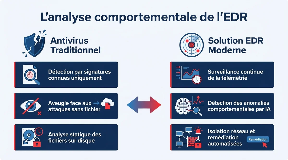 Infographie comparative entre un antivirus classique par signature et une solution EDR avec analyse comportementale.