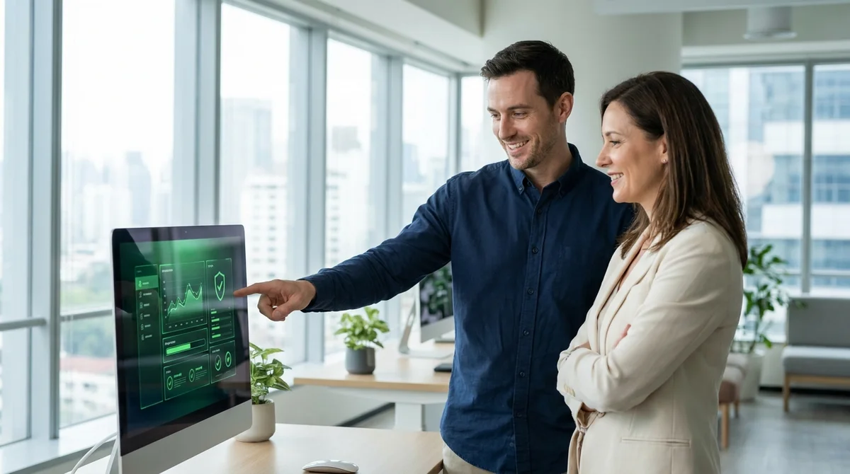 Ingénieur informatique conseillant une PME pour un contrat d'infogérance dans un bureau moderne et lumineux.