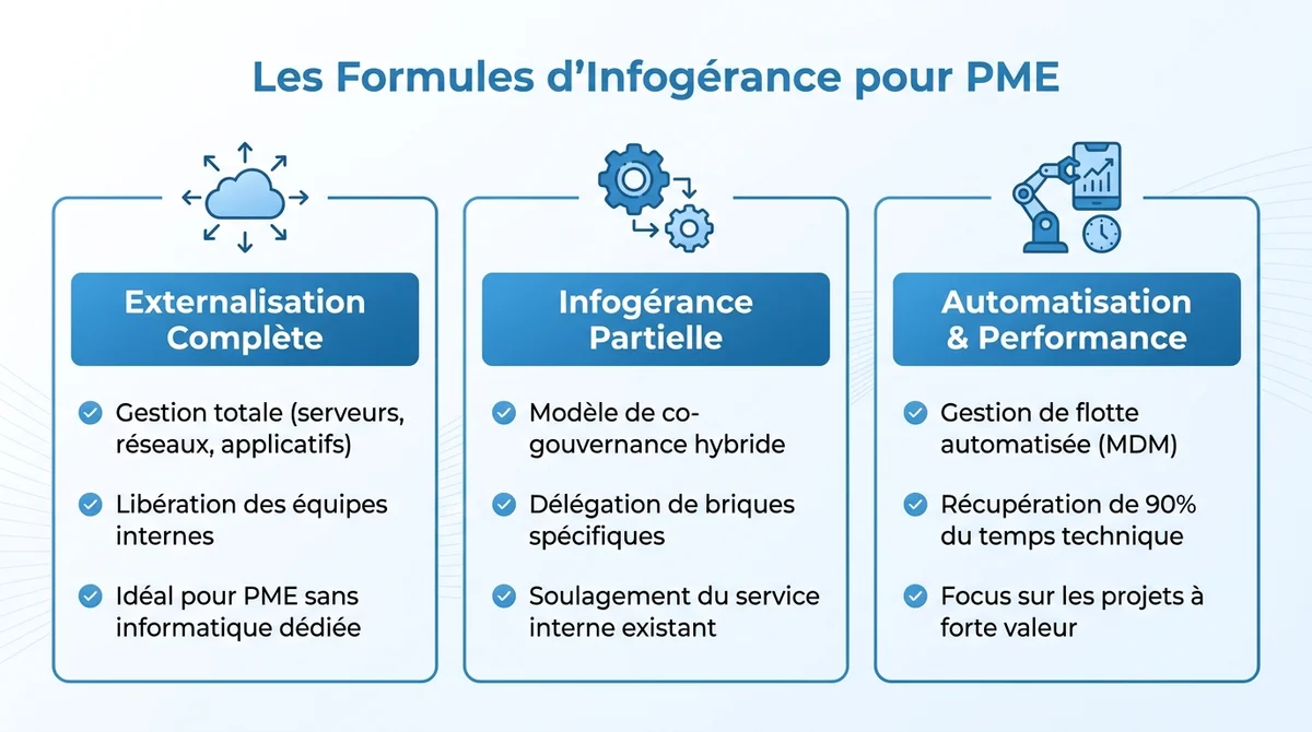 Infographie comparant l'infogérance complète, l'infogérance partielle et les gains de temps pour les PME.