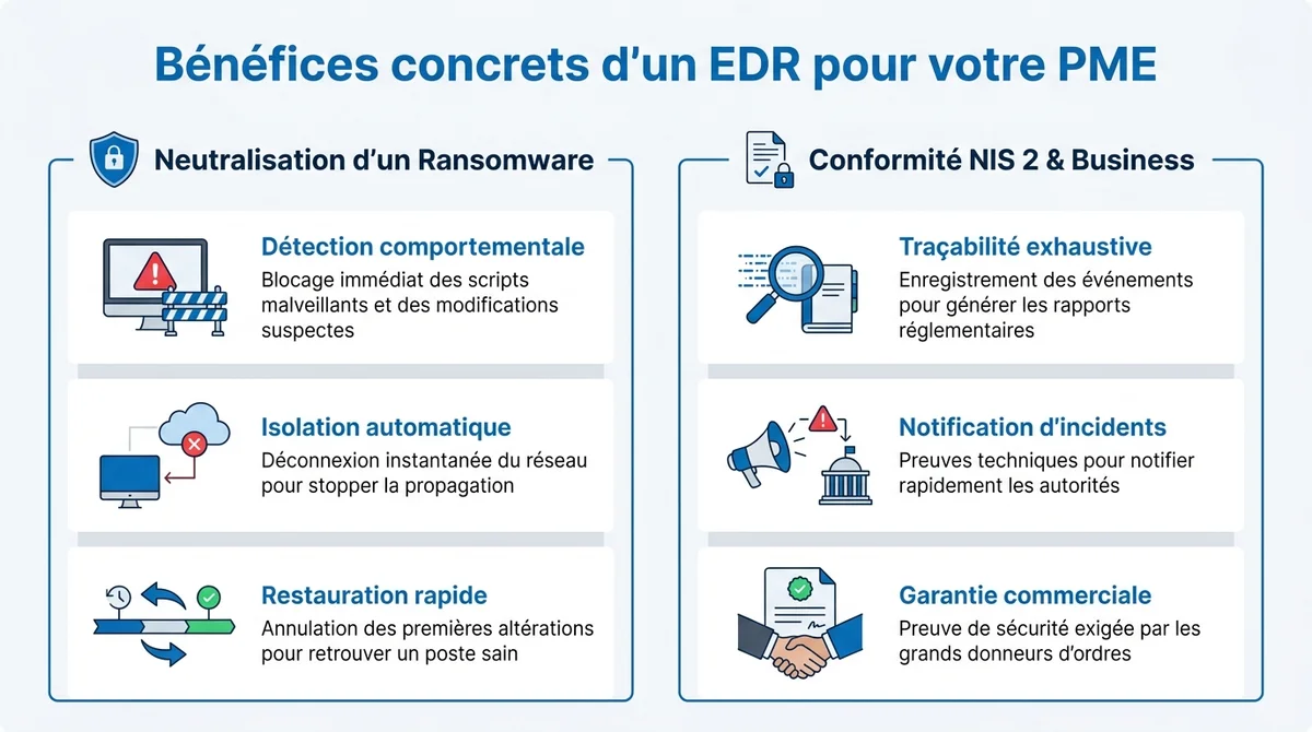 Infographie présentant les bénéfices d'un EDR pour PME : neutralisation de ransomware et conformité NIS 2.