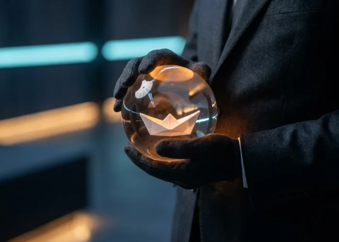 Mains en costume tenant une sphère en verre, symbolisant la sécurité et la maîtrise de l'infogérance informatique pour PME.